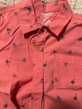 Arizona Jean Co Coral Button-Down Shirt with Navy Skull & Palm Print Sz 18-20